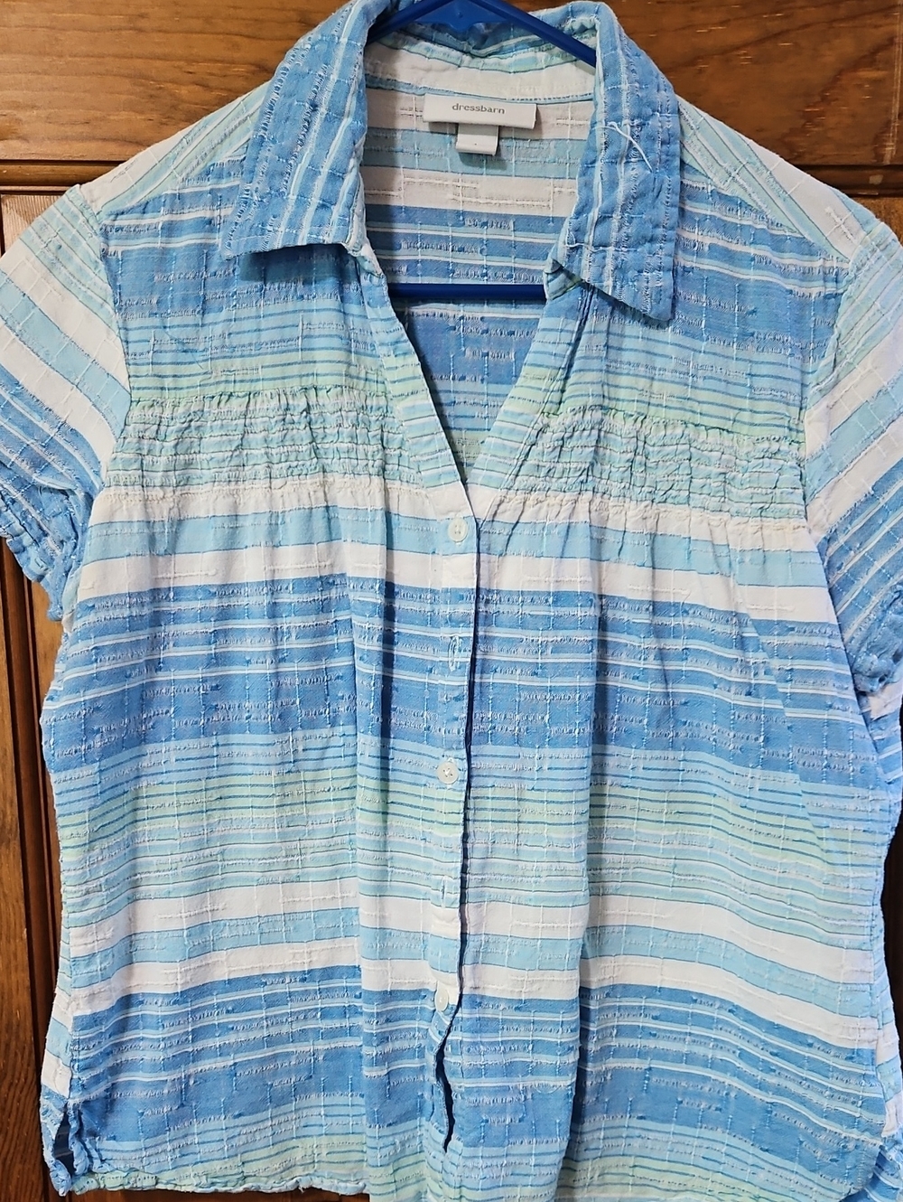 Dressbarn Light Blue and White Striped Button-Up Top